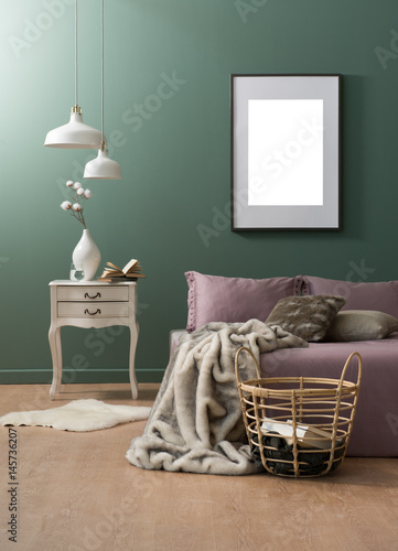 Fotografie green wall background purple bed and modern bedroom decoration