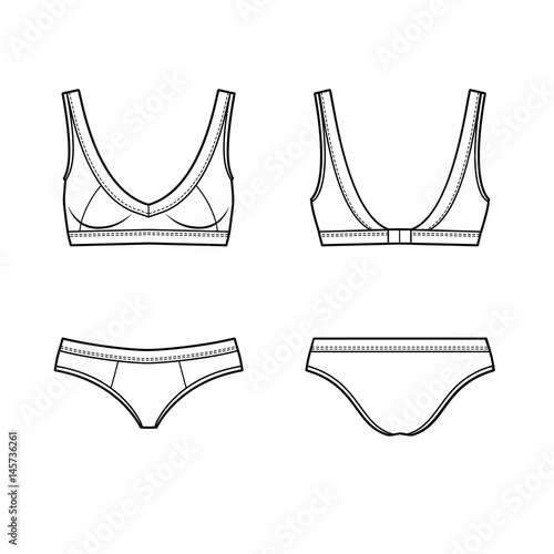 Vector illustration of women's lingerie set: bra and pants. Front and back views
