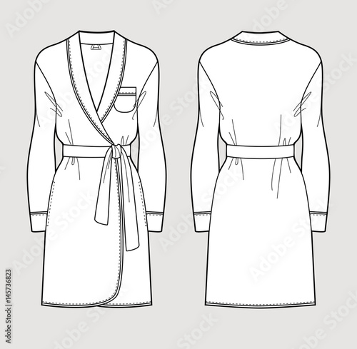 Silk bathrobe for women. Isolated vector. Front and back views.
