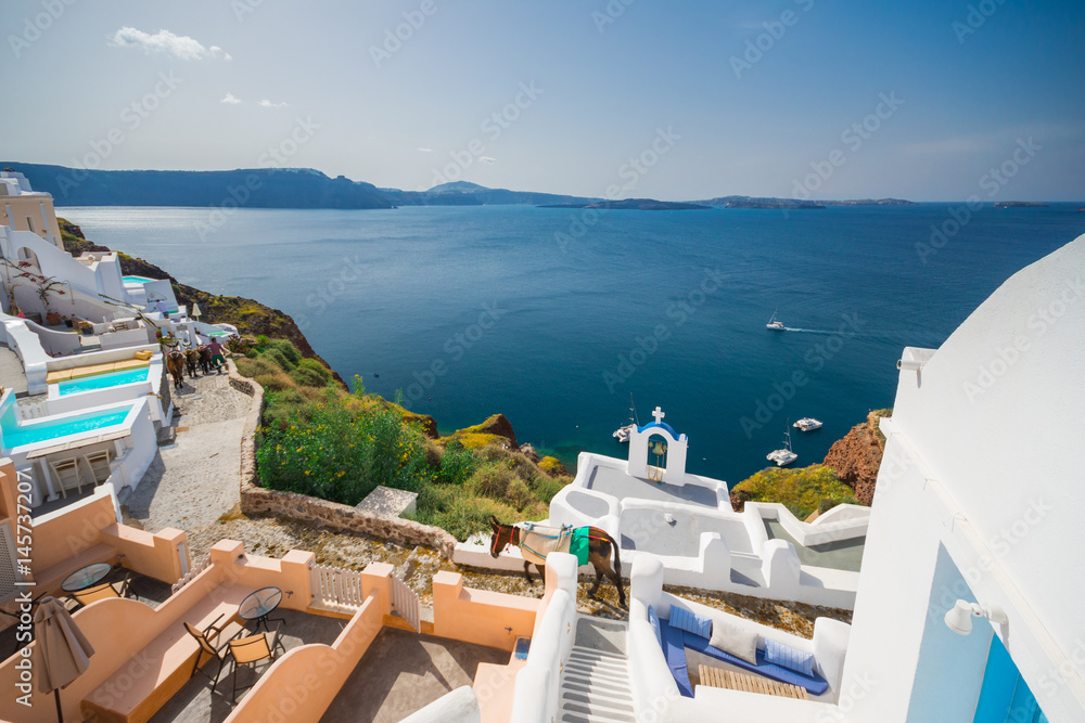 Fototapeta premium Oia miasteczko na Santorini wyspie, Grecja. Tradycyjne i słynne domy i kościoły z niebieskimi kopułami nad Calderą, Morze Egejskie