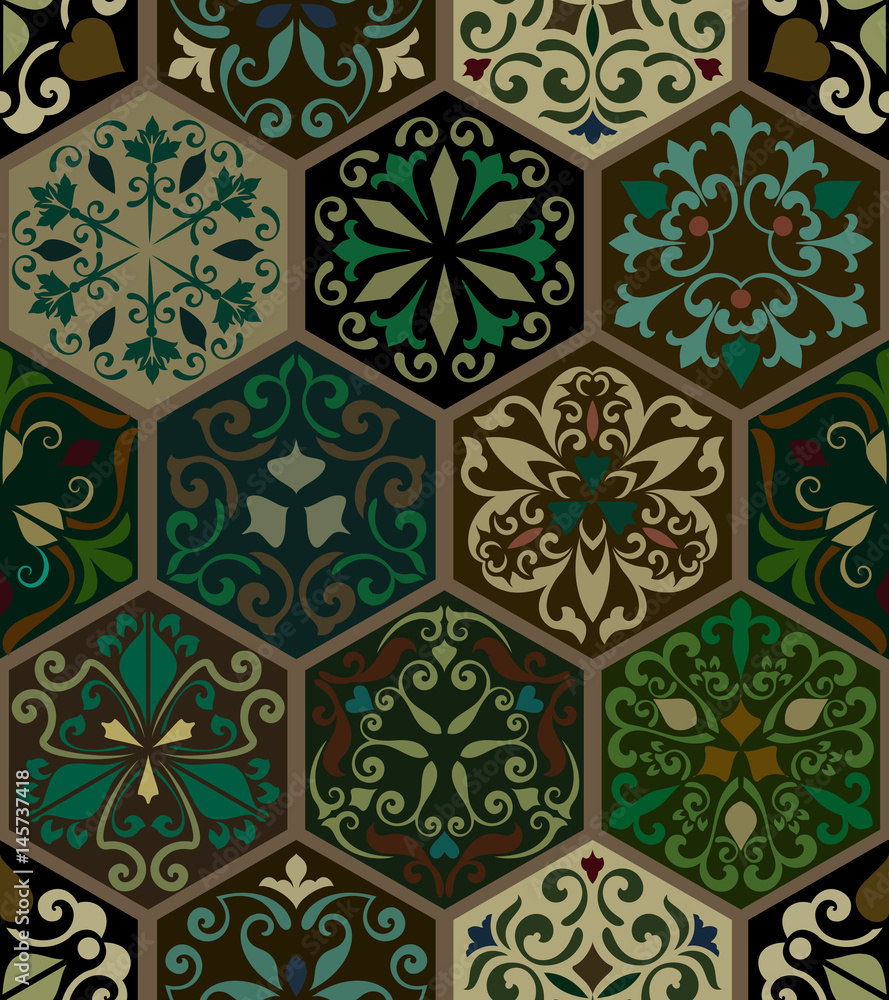 Seamless vintage ornate hexagon wallpaper.