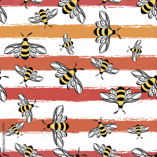Seamless pattern with bees on white background. Vector illustration. © Alina