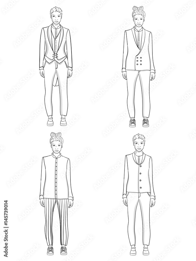 Set. Four girls in different jackets and pants. Illustration in the outline eps 10 illustration Set. Four girls in different jackets and pants. Illustration in the outline eps 10 illustration