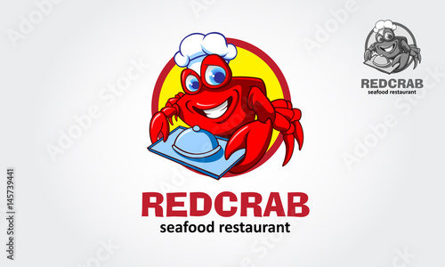 Red Crab Seafood Restaurant Vector Logo Illustration. Cartoon character red crab chef.