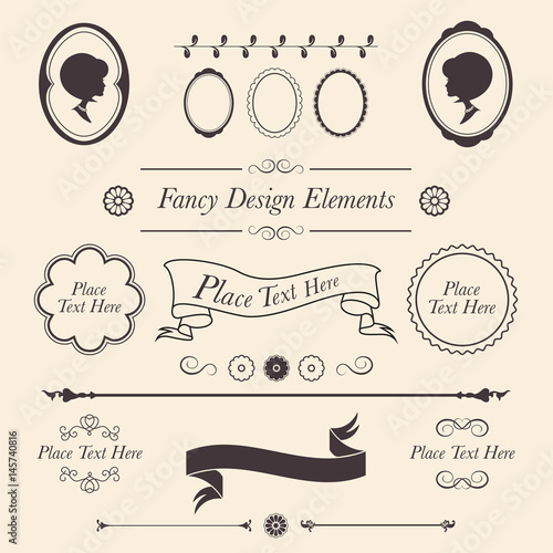 Fancy design elements. Shabby Chic vector icons, emblems, banners and seals with copy space text.