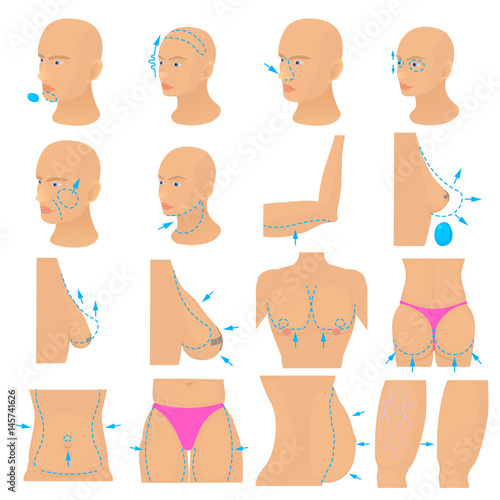Plastic surgeon icons set body, cartoon style