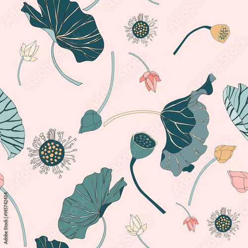 Fototapeta Naklejka Na Ścianę i Meble -  Seamless lotus vector pattern