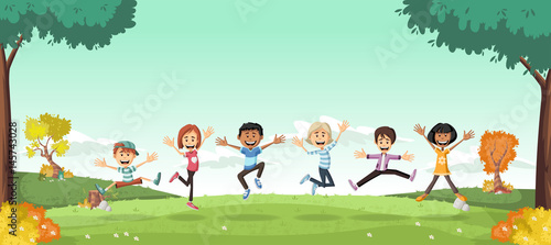 Green grass landscape with cute cartoon kids. 
