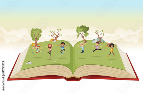 Open book with cute cartoon kids jumping on green park. 