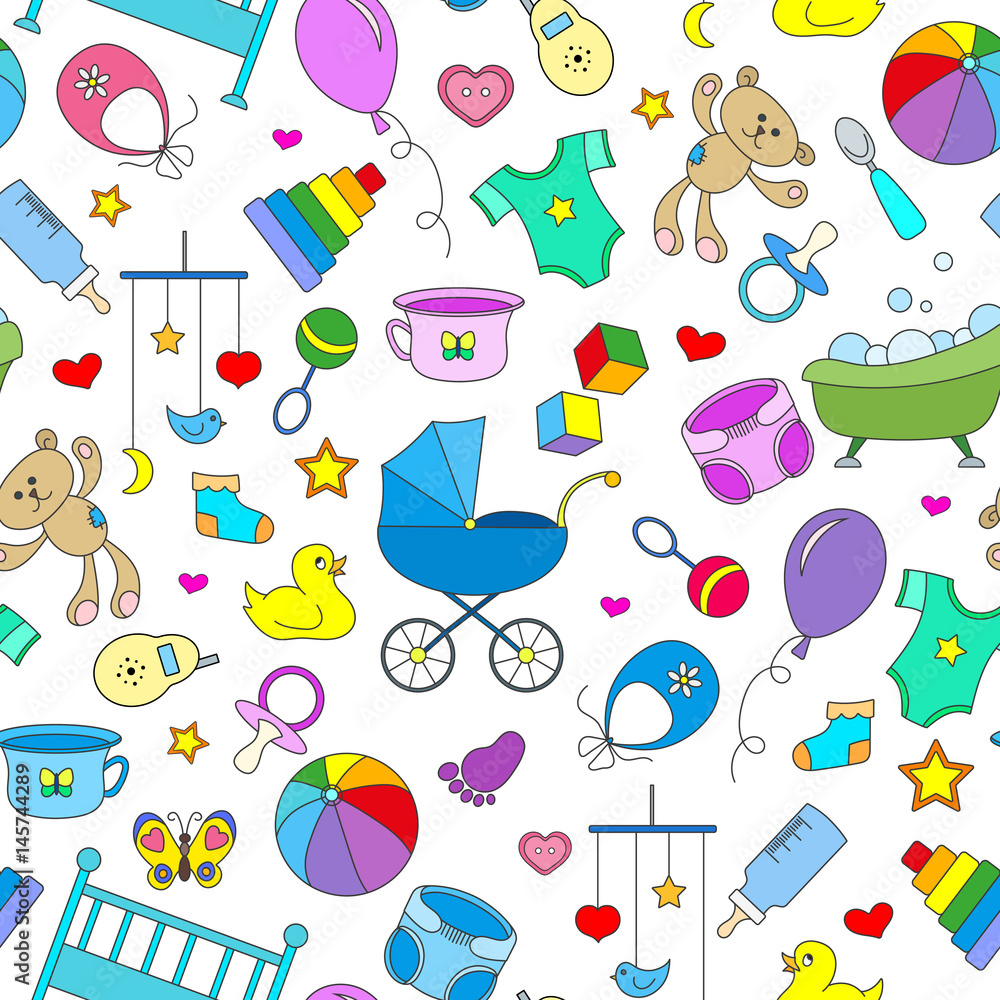 Seamless pattern on the theme of childhood and newborn babies, baby accessories, accessories and toys, simple color icons on white background Seamless pattern on the theme of childhood and newborn babies, baby accessories, accessories and toys, simple color icons on white background