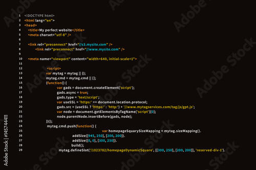 Simple website HTML code with colourful tags in browser view on dark