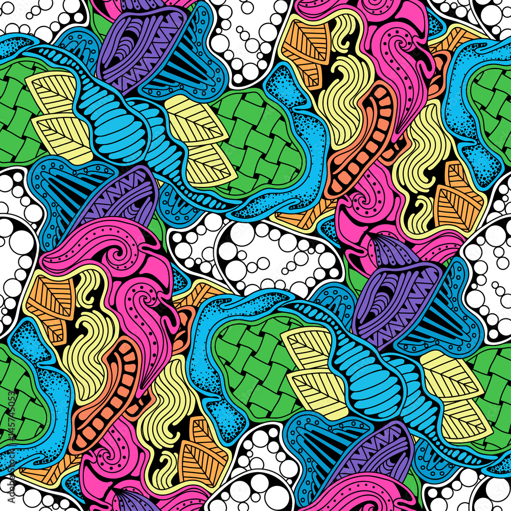 Abstract zen art doodle native seamless pattern. Waves, leaves and different textures Abstract zen art doodle native seamless pattern. Waves, leaves and different textures