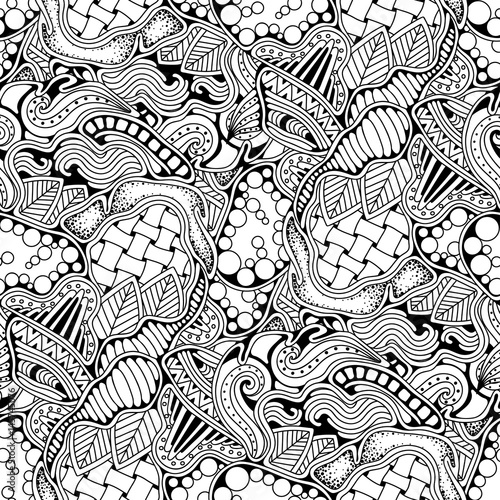 Abstract zen art doodle native seamless pattern. Waves, leaves and different textures monochrome background.