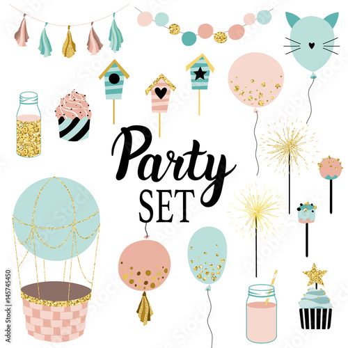 Party set of decorations, toppers, baloons, cakes, garlands with flags.