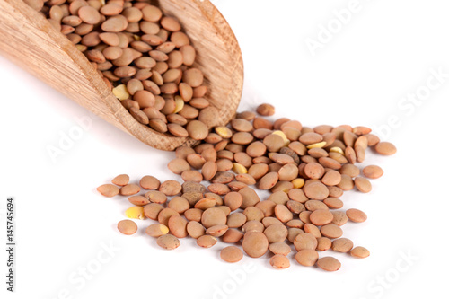 lentils in a wooden scoop isolated on white background