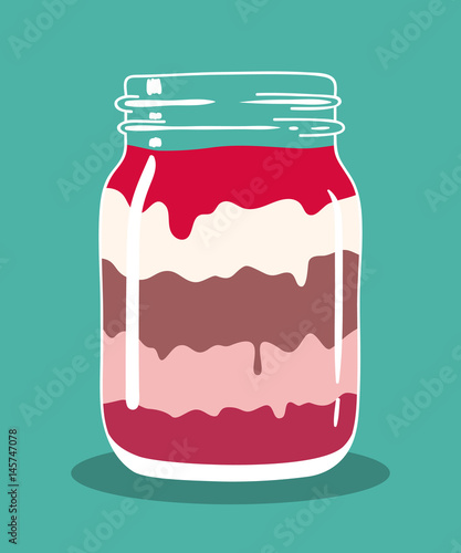 Berry fruit chocolate vanilla coffee cream dessert in vintage mason jar. Layered sweet dessert in transparent glass mason jar. Vector hand drawn illustration.