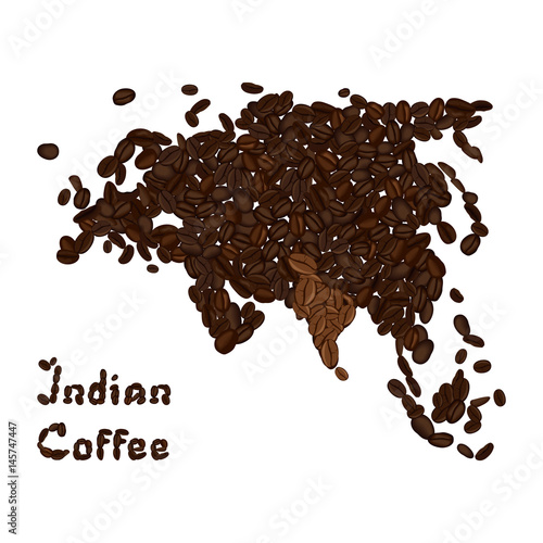 Eurasian continent made from coffee beans with highlighted India. Indian coffee lettering. Vector illustration isolated on white. Concept for selling coffee and decorate coffee shop.