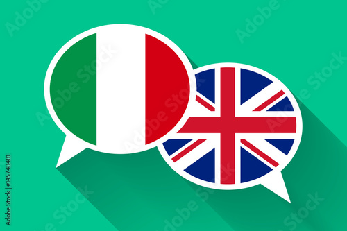 Two white speech bubbles with Italian and Great britain flags
