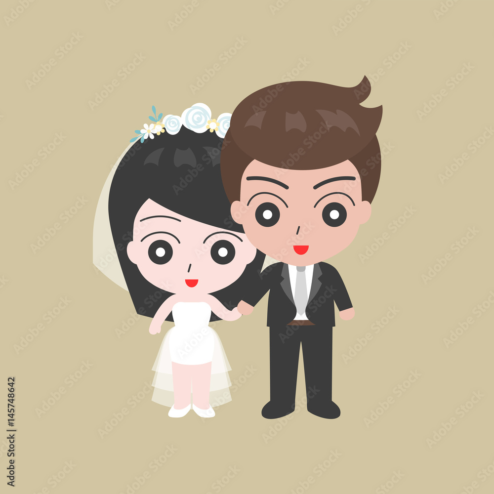 Groom holding hand with Bridge, lover couple in wedding costume concept, flat design vector Groom holding hand with Bridge, lover couple in wedding costume concept, flat design vector
