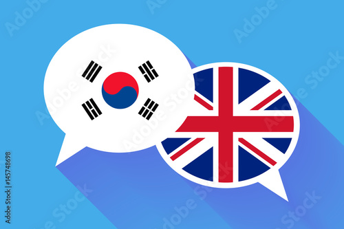 Two white speech bubbles with South Korea and Great britain flags.