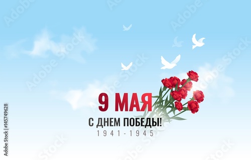 May 9 russian holiday victory day. Red carnations isolated on blue sky background.  Vector illustration