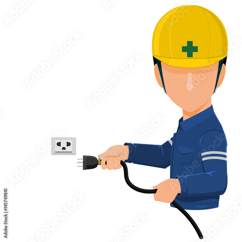 worker is holding plug on transparent background