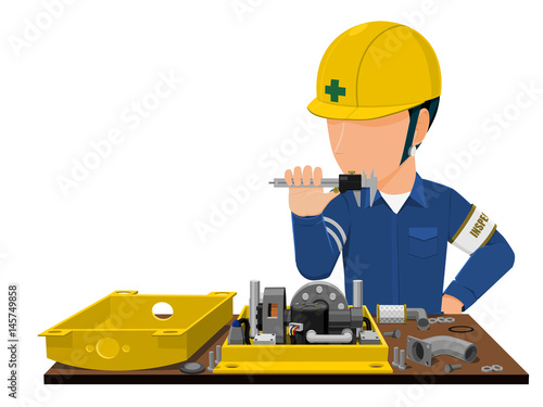 inspector is inspecting machine part on transparent background