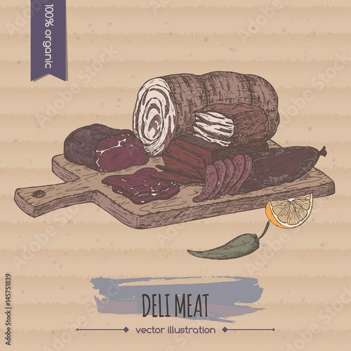 Color vintage deli meats platter template placed on cardboard background.