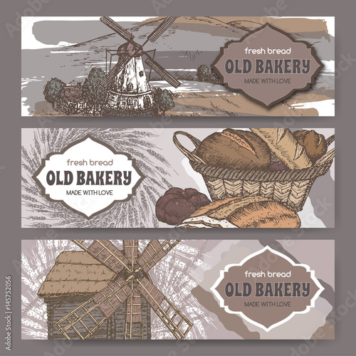 Three original colro bakery label templates with windmills, wheat and bread