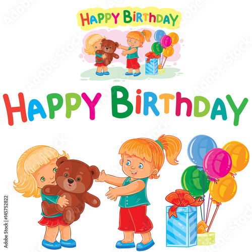 Vector illustration of one little girl congratulating another girl on her birthday.. Template for Happy Birthday greeting card.