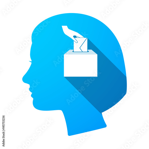Isolated female head with  a hand inserting an envelope in a ballot box
