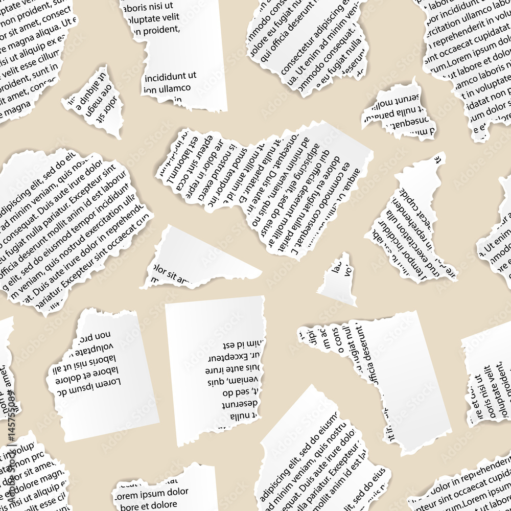 White torn paper pieces of text document, seamless pattern