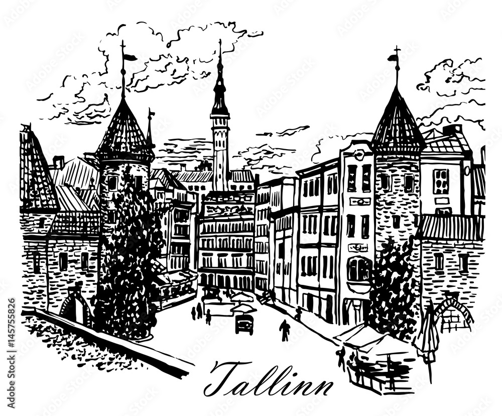 Drawing landscape view of the Viru Gate in the old town of Tallinn, Estonia, sketch hand-drawn vernier graphic vector illustration