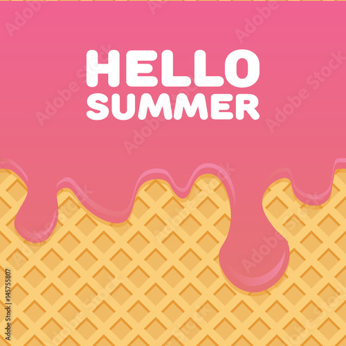 Vászonkép Hello Summer letters in Ice cream pattern cream and wafle texture vector illustr