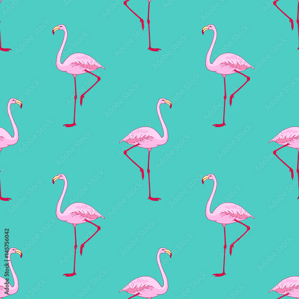 Obraz premium Vector pink flamingo bird seamless pattern. Hand drawn sketch with the wild animal