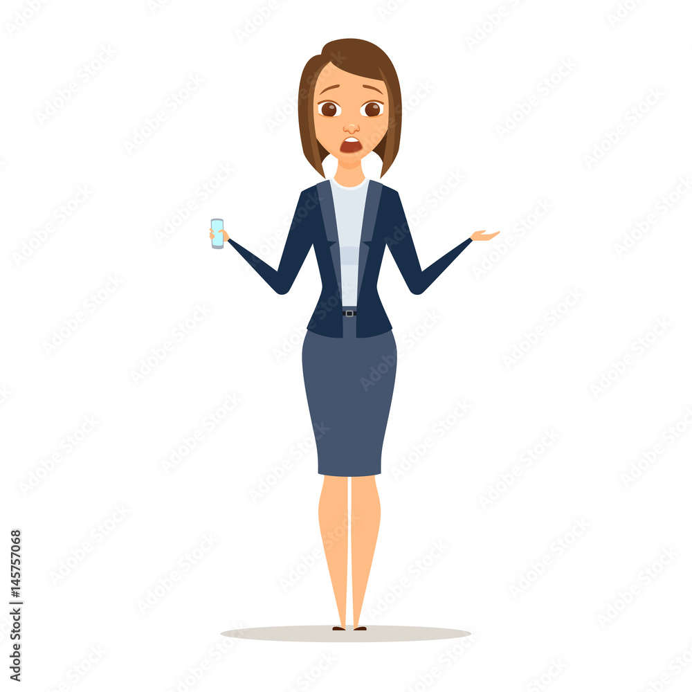 Surprised business woman shows phone Surprised business woman shows phone