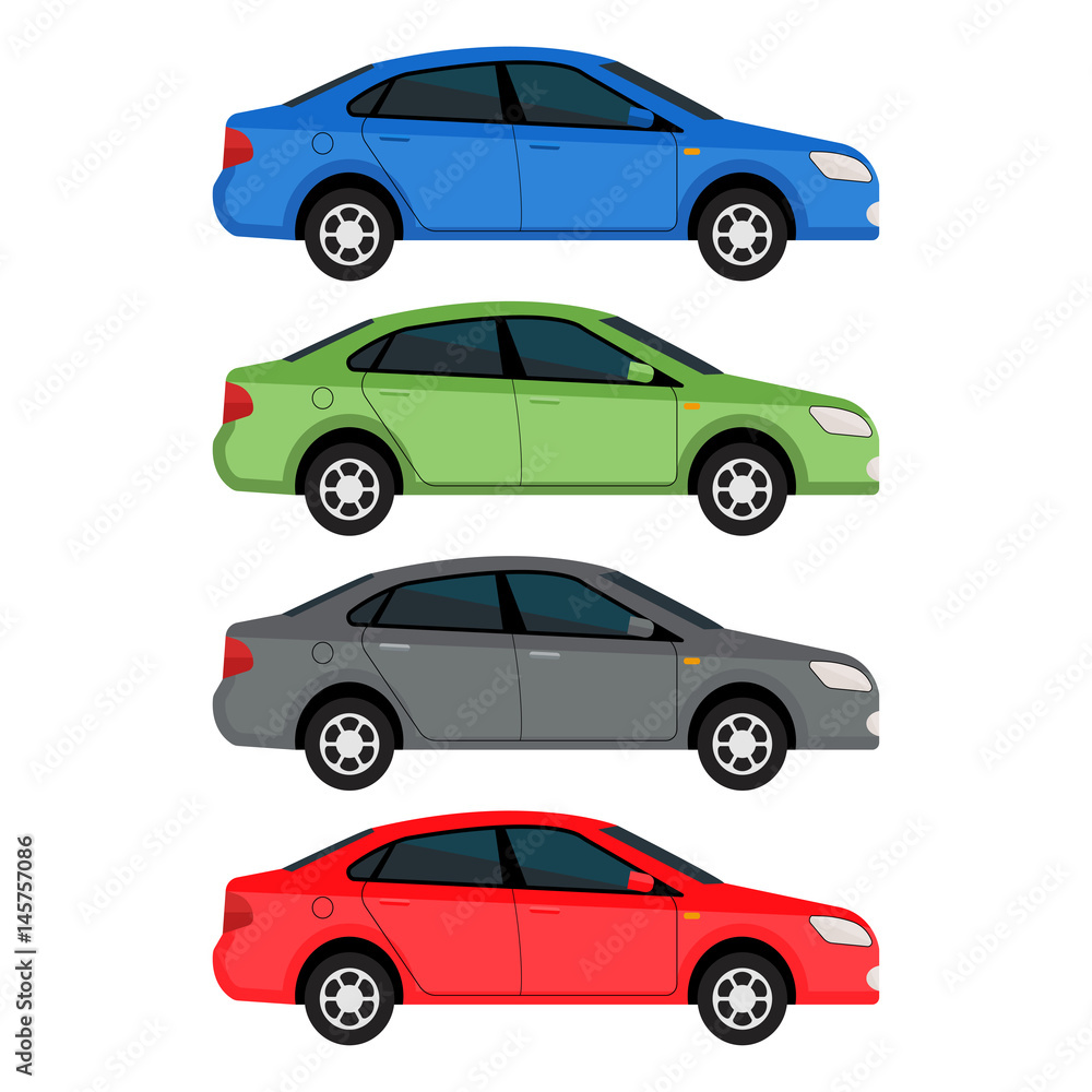 Sedan cars set isolated on white background. Side view vector illustration.