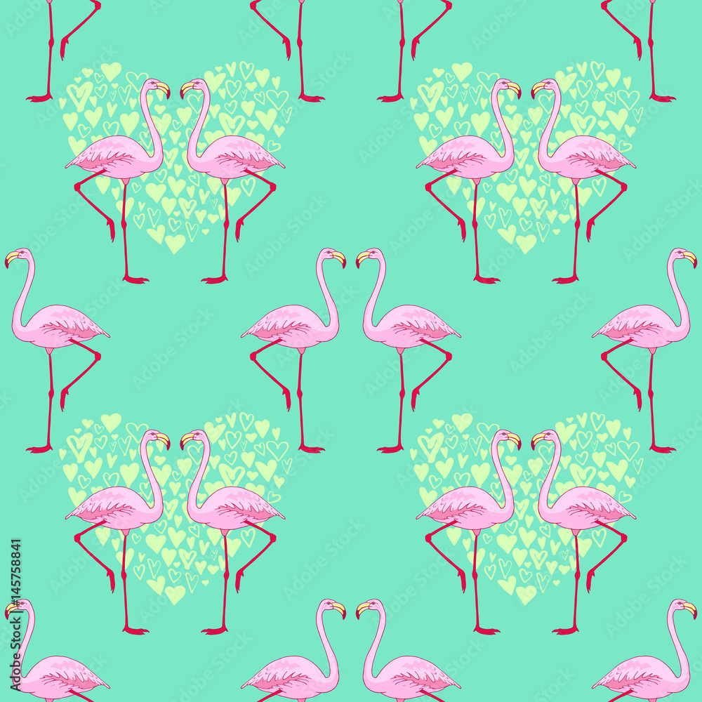 Vector pink flamingo bird seamless pattern. Hand drawn sketch with the wild animal. Romantic Valentines day style design with birds and hearts Vector pink flamingo bird seamless pattern. Hand drawn sketch with the wild animal. Romantic Valentines day style design with birds and hearts