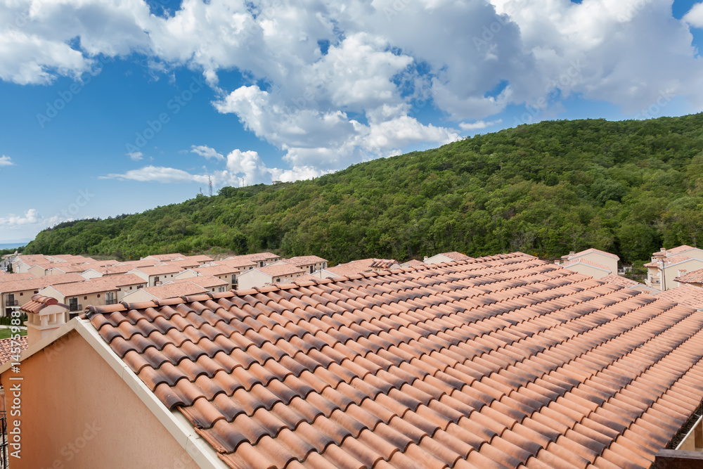 Close up of brand new red rooftop against blue cloudy sky and green forest