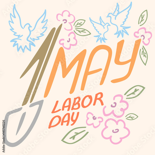 May 1 Labor Day logo symbol of pigeon, spring flowers spade holiday weekend