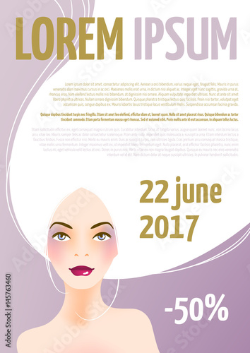 Design template with face of a beautiful woman with long hair