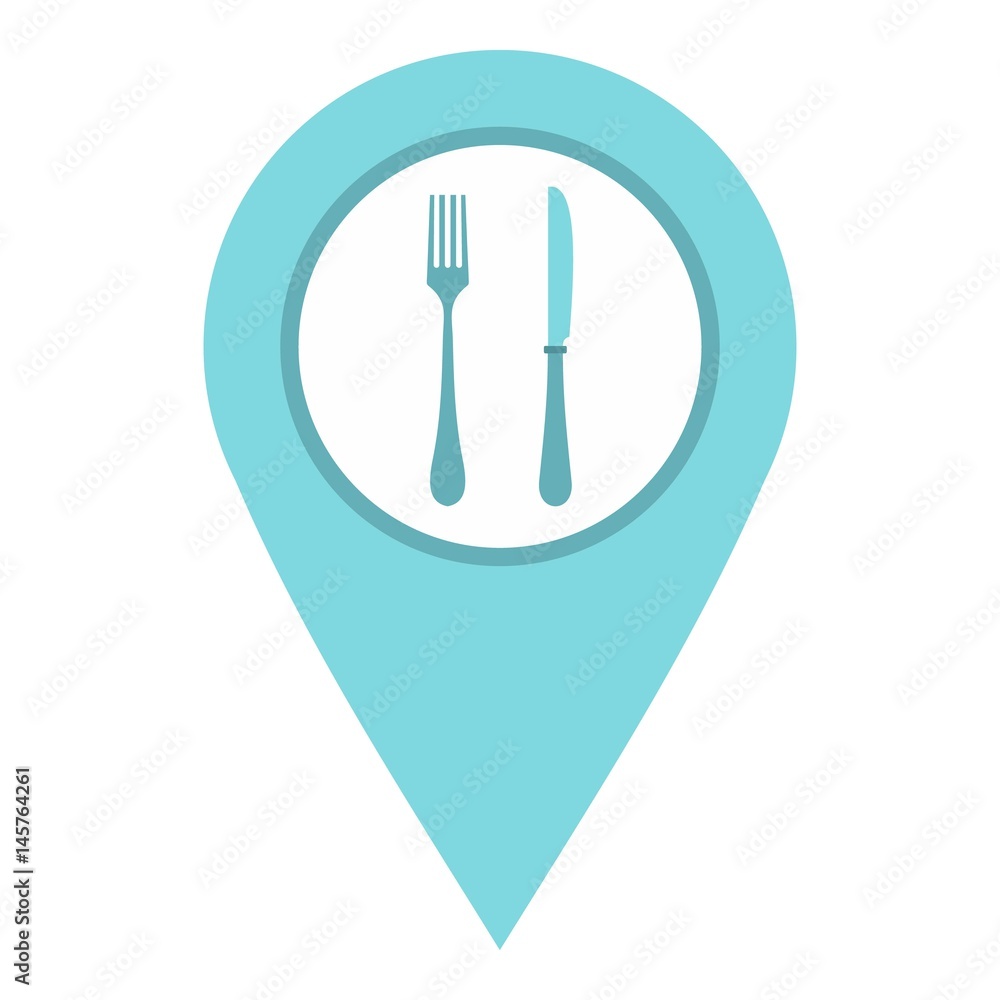 Light blue map pointer with restaurant sign icon Light blue map pointer with restaurant sign icon