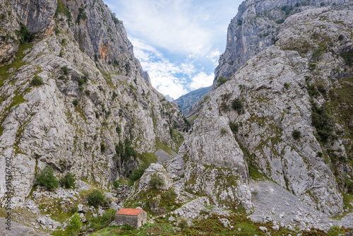 The Canal del Texu is a hiking trail and a passage way between the village Bulnes and Poncebos at the river Rio Cares. The trackway leads along the river Rio Bulnes, at the foot of the Picos de Europa photo