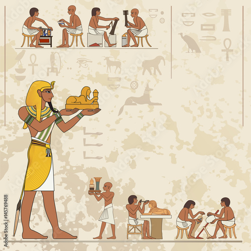 Ancient egypt banner.Egyptian hieroglyph and symbol. Stylized ancient culture background.Murals with ancient egypt scene