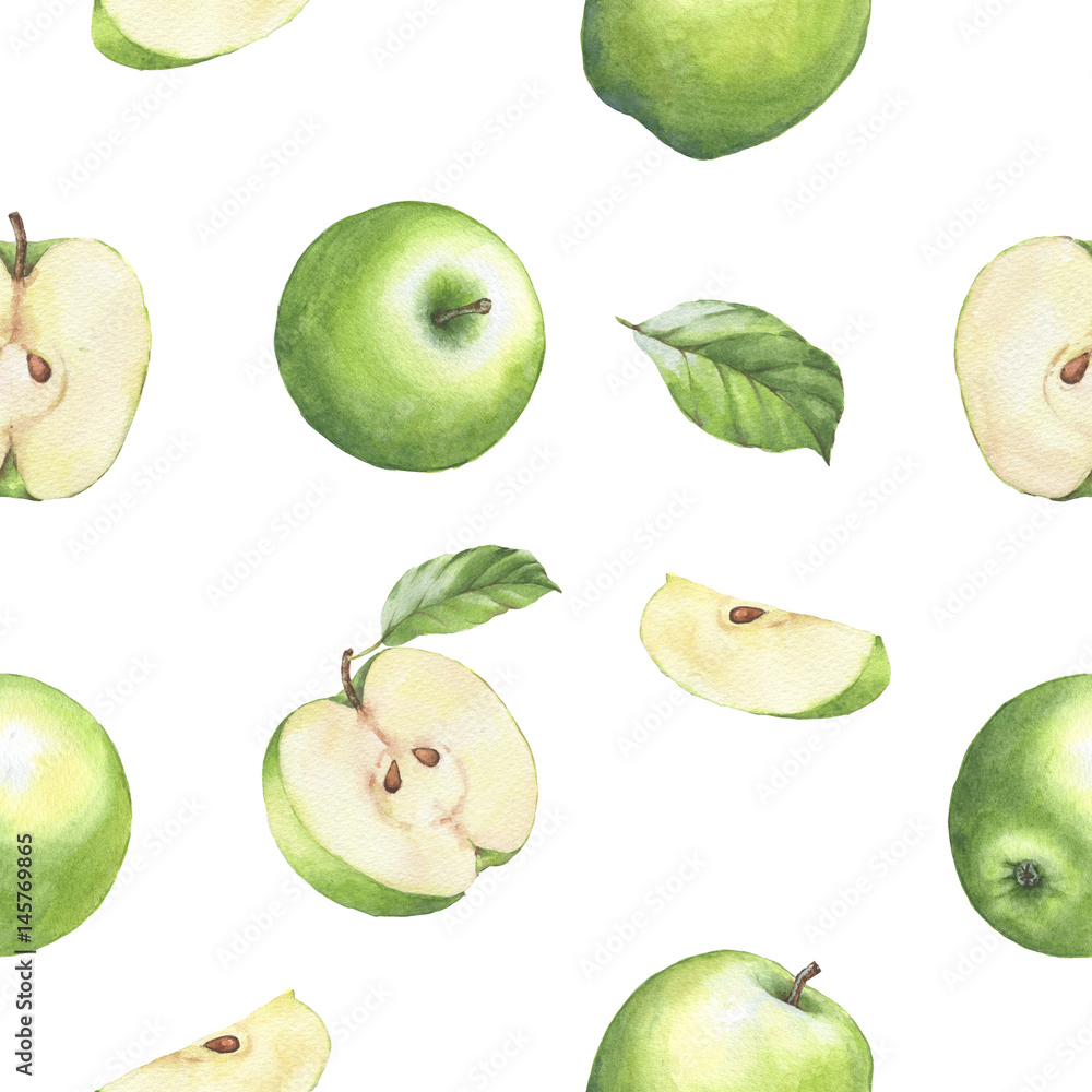 Hand drawn seamless pattern with watercolor green apples. Apples and leaves on the white background.