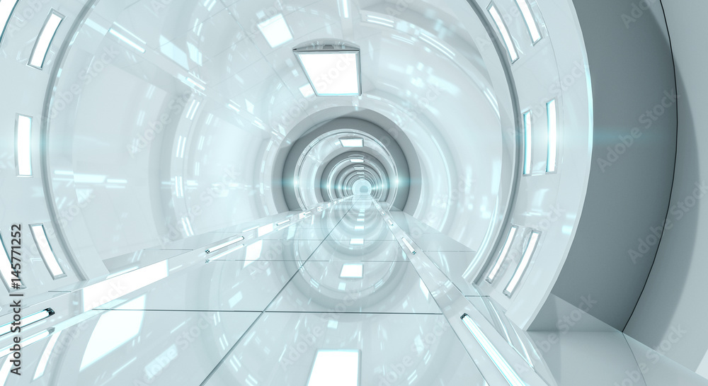 Obraz premium Bright futuristic spaceship corridor 3D rendering