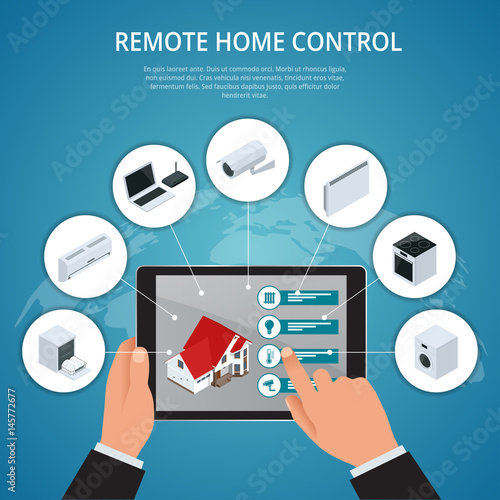 Smart House and internet of things concept. smartphone controls smart home like smart plug, fridge coffee maker washer microwave and music center flat icons. illustration