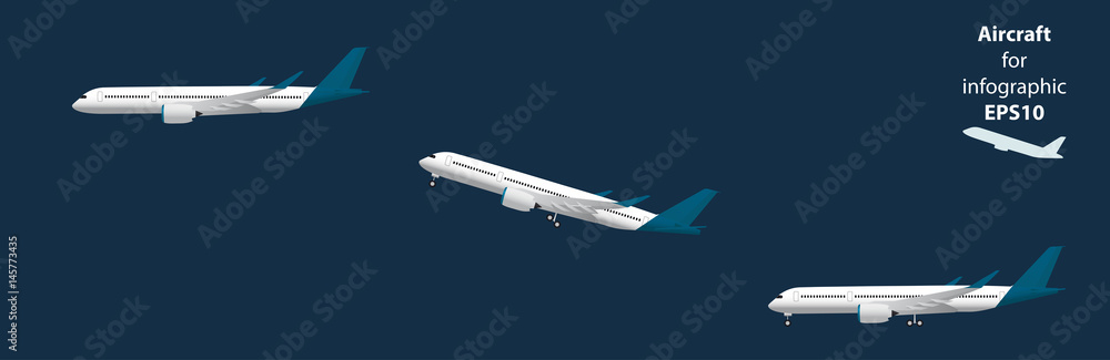 Aircraft at the airport, during take-off and in flight. Airplane for infographic. Vector illustration Aircraft at the airport, during take-off and in flight. Airplane for infographic. Vector illustration