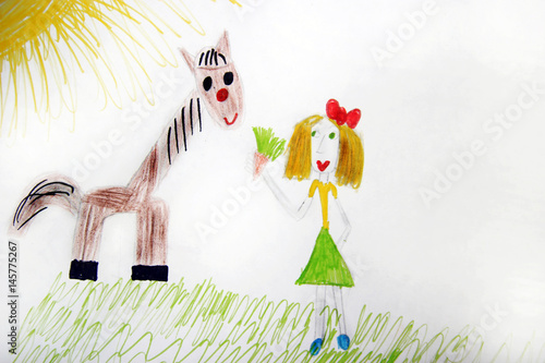 Child drawing girl feeding horse