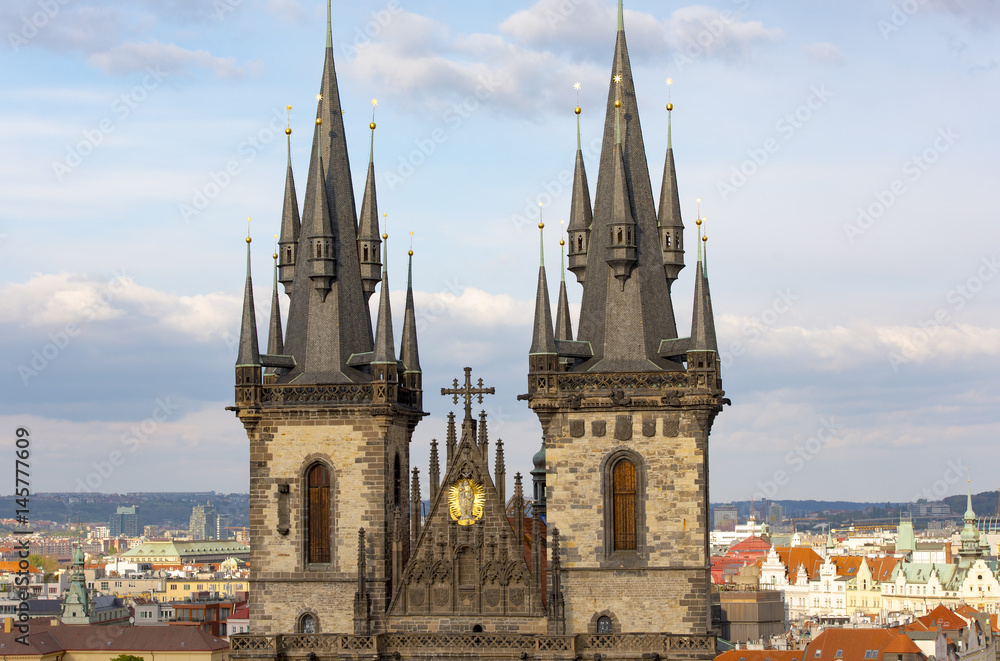 Close-up detail of the main Church of Our Lady before Tyn in Prague